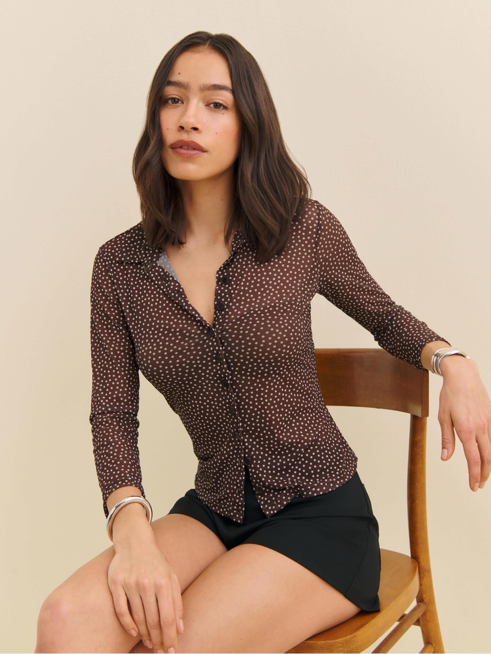 Reformation Margaret Knit Top in Choco Dot Brown Polka Dot Long Sleeve Button Up